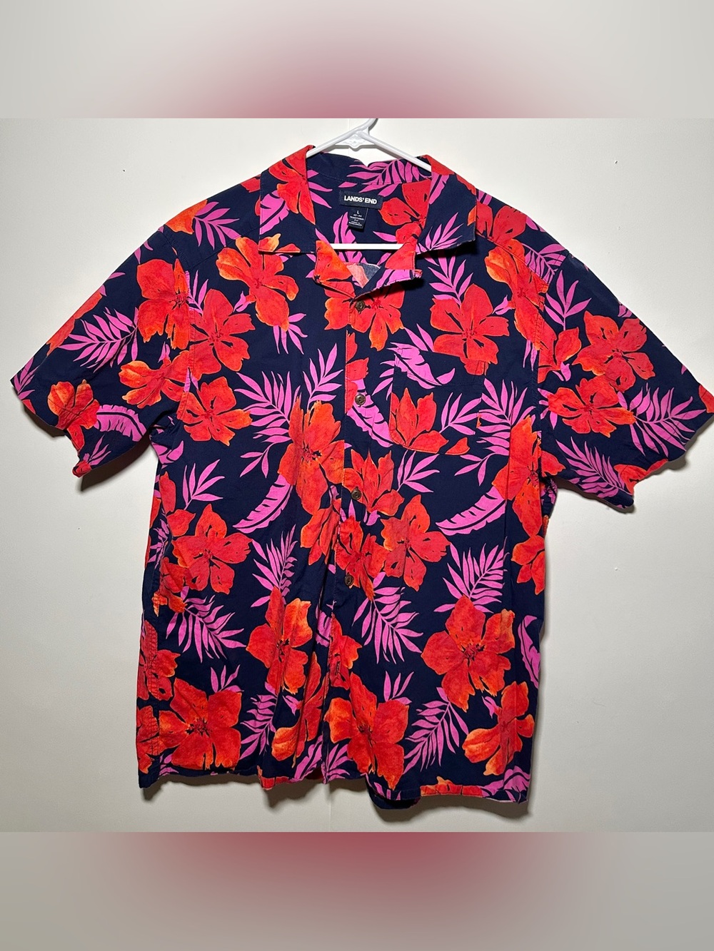 Lands' End Men's Navy Hawaiian Floral Camp Shirt - Red & Pink